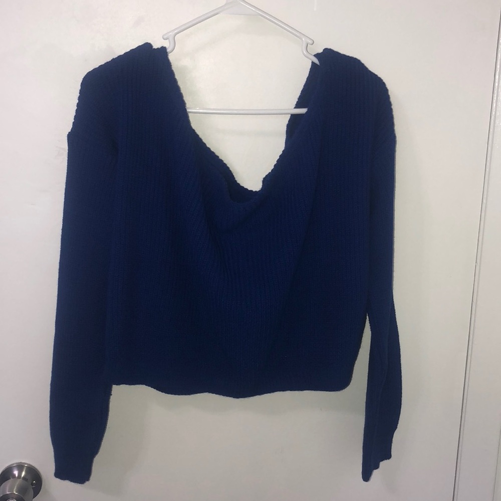 Off the shoulder royal blue cropped knit sweater